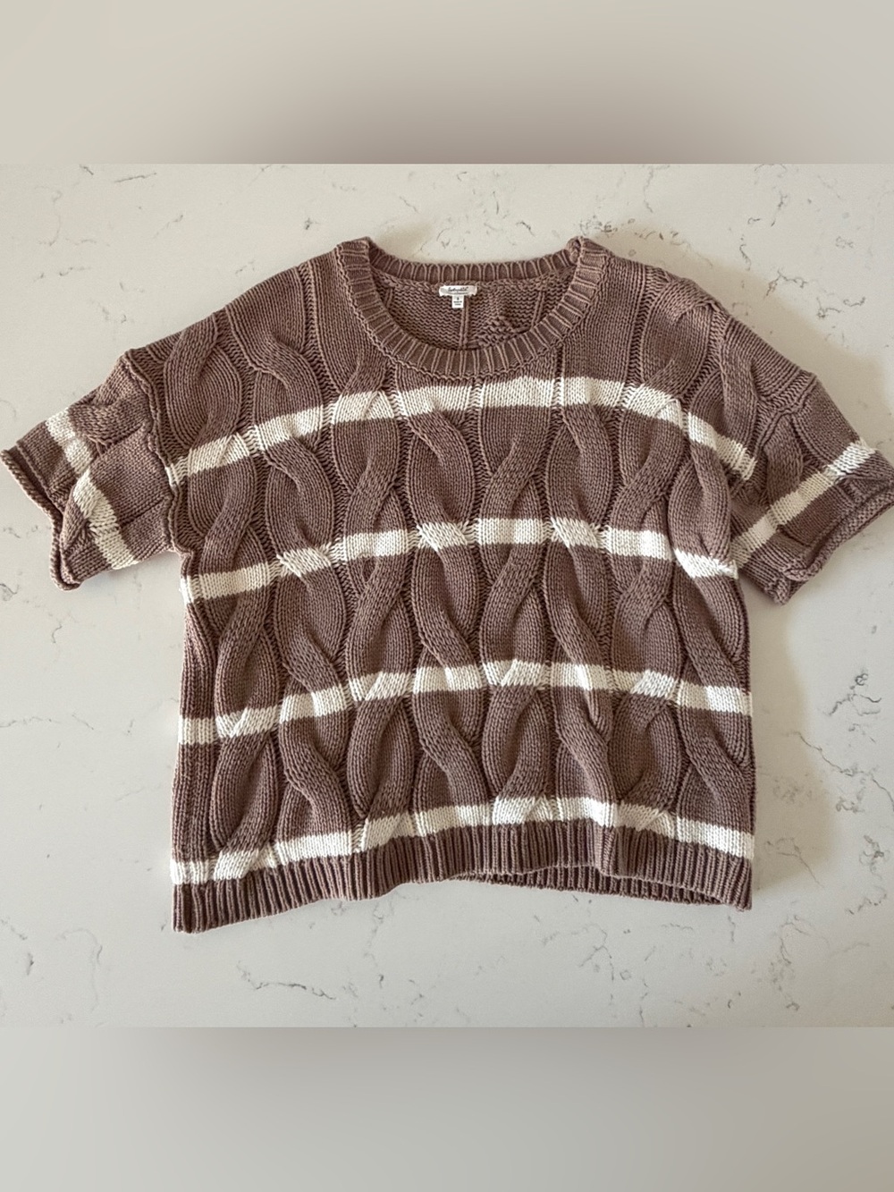 Splendid Brown & White Striped Cable Knit Short-Sleeve Sweater